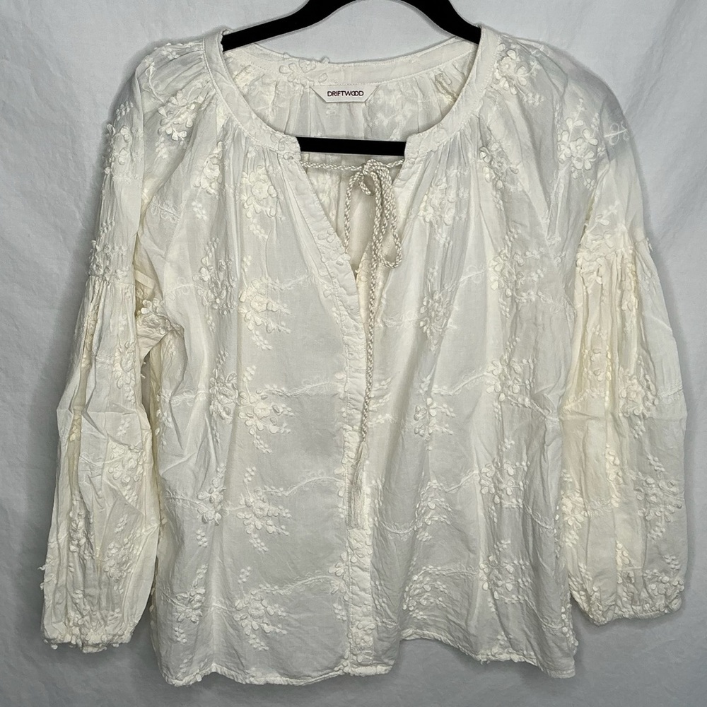 Driftwood Women's Size XS Ivory Eyelet Embroidered Floral Puff Peasant Blouse